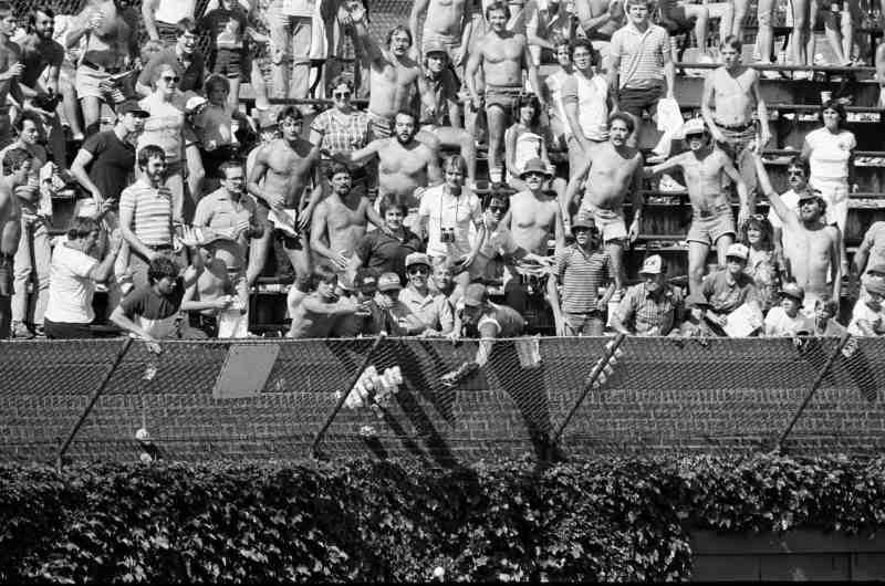 Black and white photo 1970s Cubs bleachers fans basket