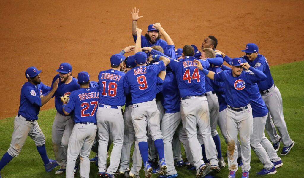 Chicago Cubs team reacts to 2016 World Series win - high fives, joyful jumping